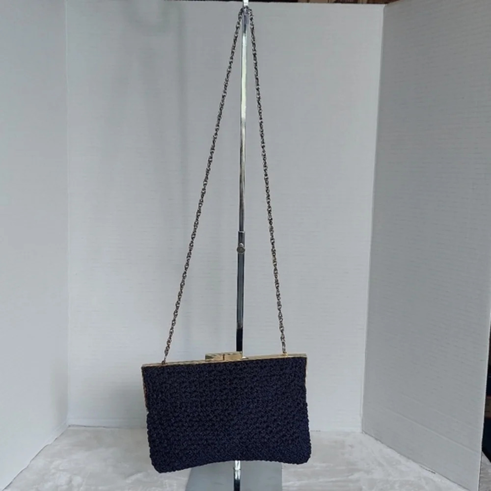 Vintage Jacobson's Navy Blue Macrame Bag Chain Shoulder Bag Kiss Lock Closure - Picture 7 of 13
